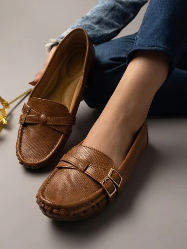 Stylestry Side Buckle Detailed Tan Loafers For Women & Girls