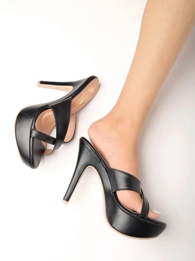 Shoetopia Stunning Upper Cross Strap Black Block Heels For Women & Girls