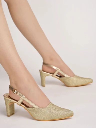 Shoetopia Embellished Ankle Strap Golden Pumps For Women & Girls