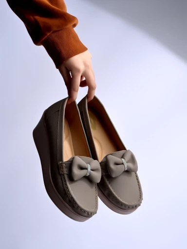 Stylestry Upper Bow Detailed Grey Loafers For Women & Gilrs