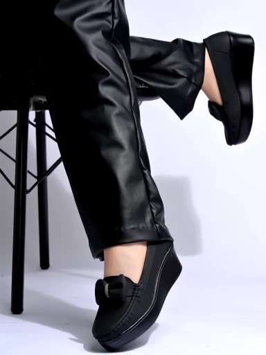 Stylestry Upper Bow Detailed Black Loafers For Women & Gilrs