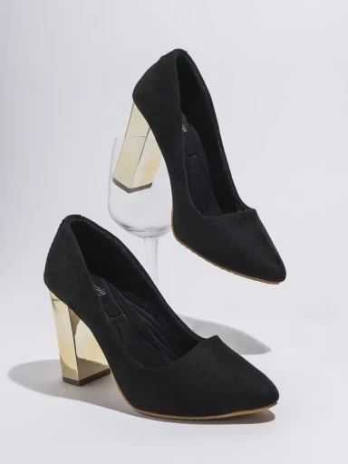 Shoetopia Womens & Girls Black Block Heels Pointed Toe Solid Pumps