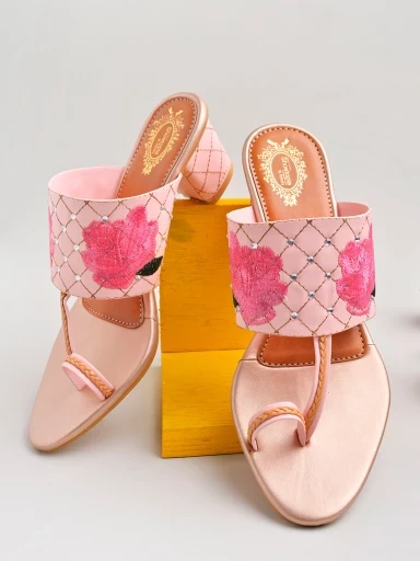 Stylestry Thread Floral Embroidery Detailed Pink Block Heels For Women & Girls