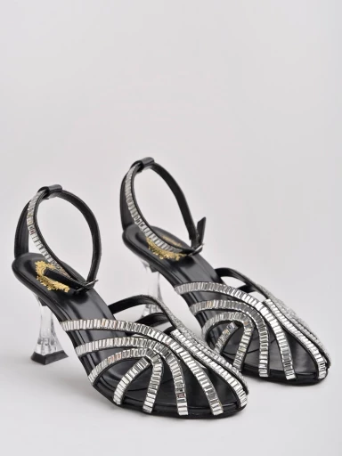 Stylestry Stylish Embellished Black Heeled Sandals For Women & Girls