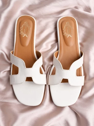 Stylestry Stylish Square Toe and Trendy H-shaped  White Flats For Women & Girls