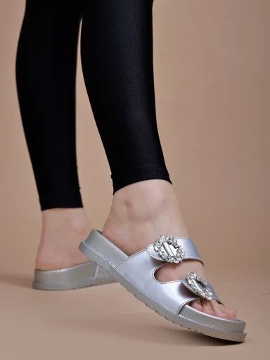 Stylestry Embellished Silver Flats For Women