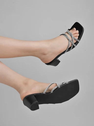 Stylestry Dazzling Crisscross Rhinstone Embellished Black Block Heels For Women & Girls
