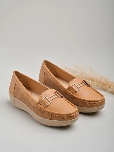 Stylestry upper Buckle Detailed Tan Loafers For Women & Gilrs