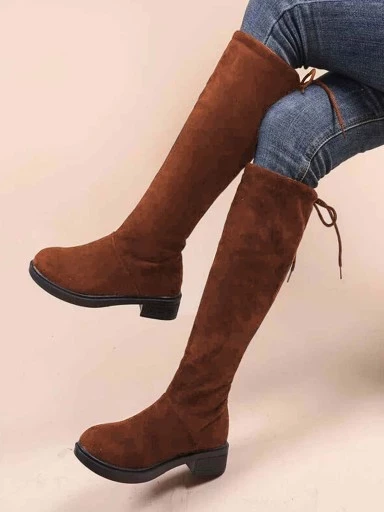 Stylestry Women & Girls Brown Solid Lace Up Long Heeled Boots