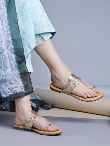Stylestry Chic Comfort & Stylish Rose-Gold Kolhapuri Flats For Women & Girls