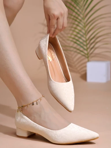 Stylestry Embellished Shimmery Cream Pumps For Women & Girls.