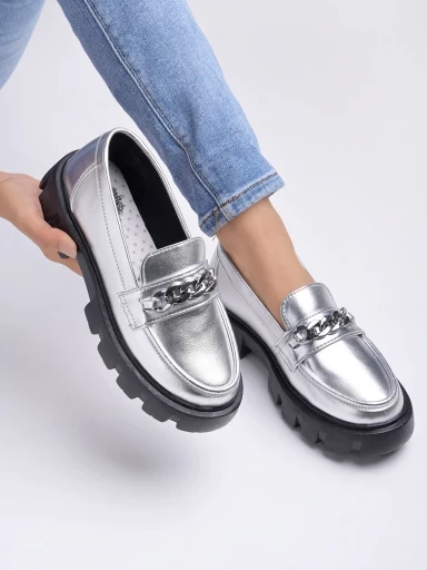 Stylestry Smart Casual Chain Detailed Silver Loafers For Women & Girls