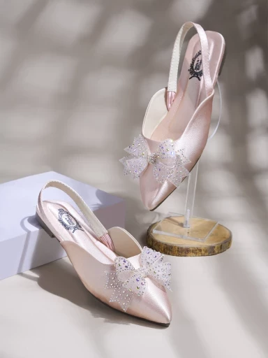 Stylestry Embellished Rhinestone Bow Detailed Pink Flats For Women & Girls