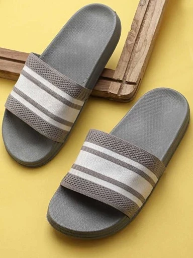 Stylestry Women Grey & White Striped Sliders
