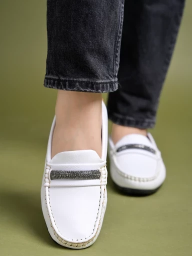 Stylestry upper Chain Detailed White Loafers For Women & Girls