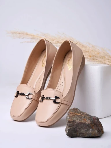 Stylestry Square Toe Buckle Detailed Cream Bellies For Women & Girls