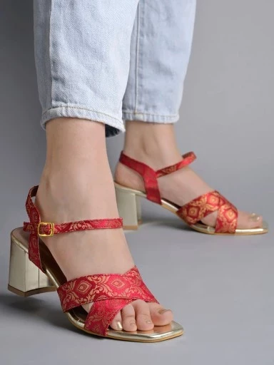 Stylestry Gold-Toned Printed Design Red Block Heeled Sandals For Women & Girls