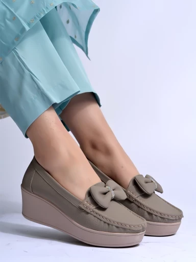 Stylestry Upper Bow Detailed Grey Loafers For Women & Gilrs