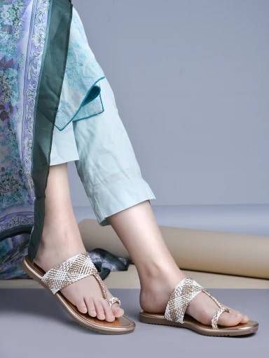 Stylestry Ethnic Rose-Gold Kolhapuri Flats For Women & Girls