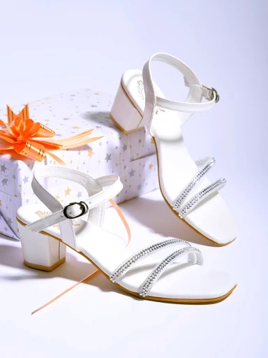 Stylestry Rhinestone Embellished White Block Heeled Sandals