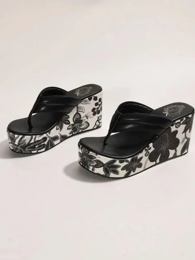 Stylestry Floral printed heel detailed Black Wedges For Women & Girls