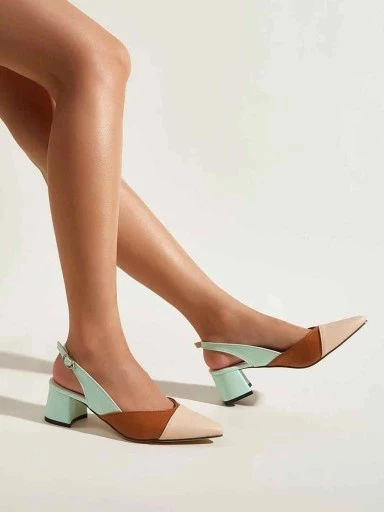 Shoetopia Colorblock Chunky Slingback Pumps