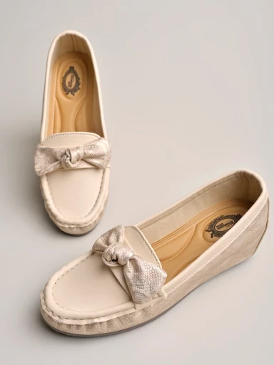 Stylestry upper Bow Detailed Cream Loafers For Women & Gilrs