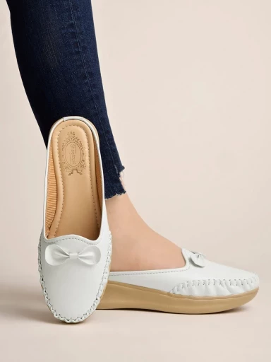 Stylestry Upper Bow Detailed White Slip-On Loafers For Women & Girls