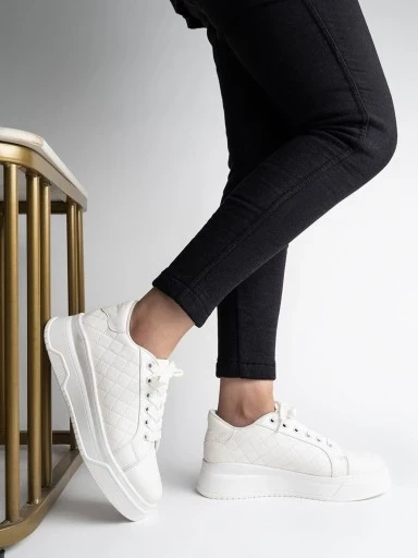 Stylestry Quilted Detail Lace-up White Sneakers For Women & Girls