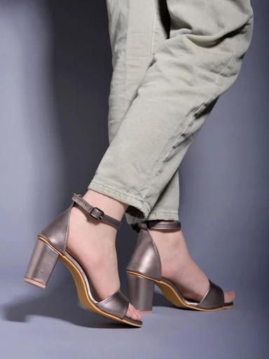 Stylestry Stylish Ankle Strap Grey Block Heeled Sandals For Women & Girls