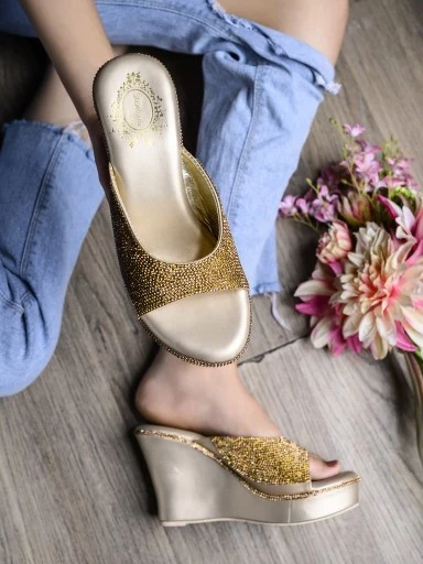 Stylestry Gold-Toned Embellished Party Wedges