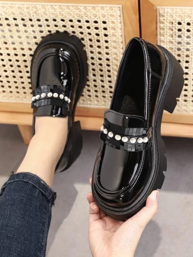 Stylestry Upper Beads Detailed Black Loafers For Women & Girls