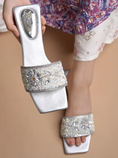 Stylestry Embellished Silver Flats For Women & Girls