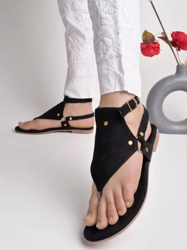 Stylestry Stylish Ankle Strap Black Flat Sandals For Women & Girls