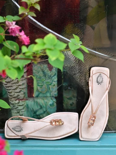 Stylestry Embellishment Gemstones Jewels Detailed Peach Flat Sandals For Women & Girls