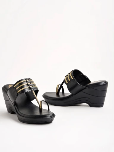 Stylestry Embellished Sequence Detailed Black Wedges For Women & Girls
