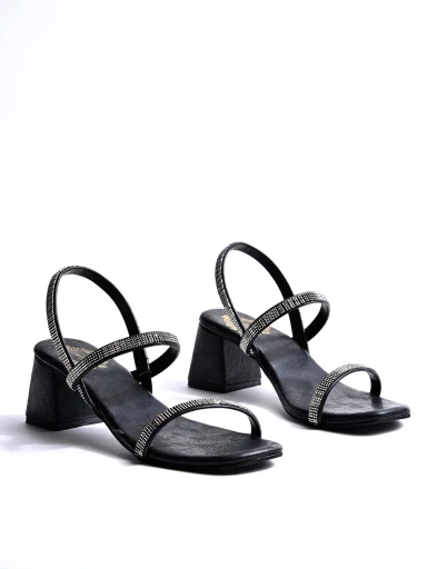 Stylestry Embellished Stylish Black Block Heeled Sandals For Women & Girls