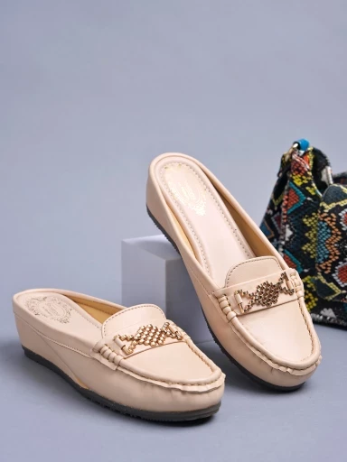 Stylestry Upper Bow Detailed Cream Slip-On Loafers For Women & Girls