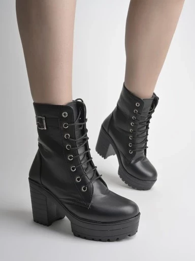Stylestry Strappy Buckle Ankle Black Boots for Women & Girls