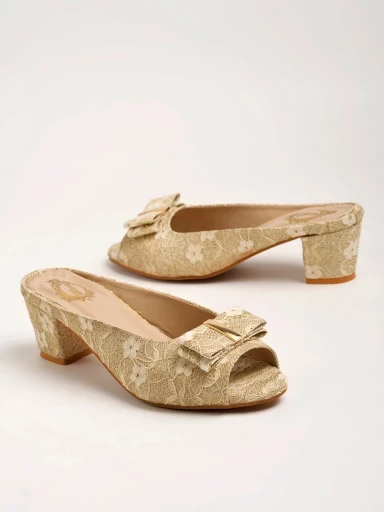 Stylestry Stylish Upper Bow Detailed Golden Block Heels For Women & Girls