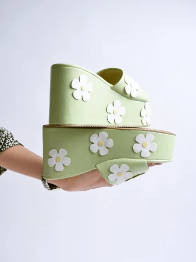 Stylestry Flower Printed Detailed Green Platform Heels For Women & Girls