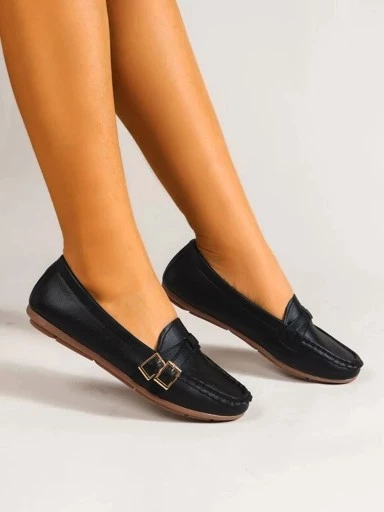 Stylestry Side Buckle Detailed Black Loafers For Women & Girls