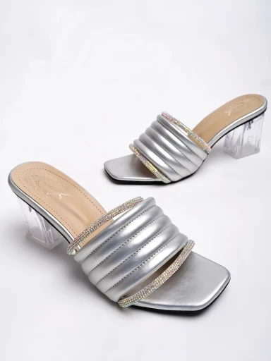 Stylestry Embellished Metalic Silver Block Heels For Women & Girls