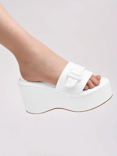 Stylestry Buckle Detailed White Platform Heels For Women & Girls