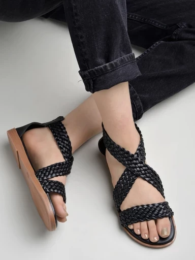 Stylestry Braided Upper Wrap Strap Black Flat Sandals For Women & Girls