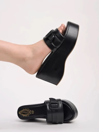 Stylestry Buckle Detailed Black Platform Heels For Women & Girls