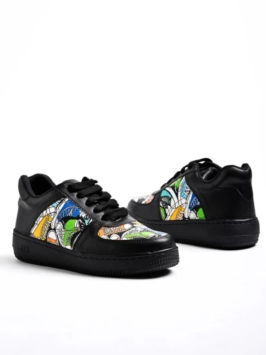 Stylestry Lace-up Printed Detail Black Sneakers For Women & Girls