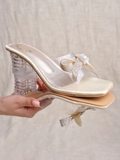 Stylestry Embellished Front Bow Golden Heels For Women & Girls