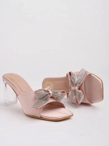 Stylestry Embellished Rhinstone Bow Detailing Peach Block Heels For Women & Girls