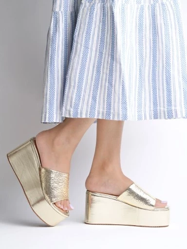 Stylestry Embellished Sequence Detailed Golden Platform Heels For Women & Girls